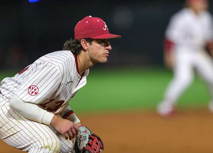 Alabama baseball player Bryce Eblin (13) in action against Auburn at Sewell-Thomas Stadium in Tuscaloosa, AL on Saturday, Apr 15, 2023.